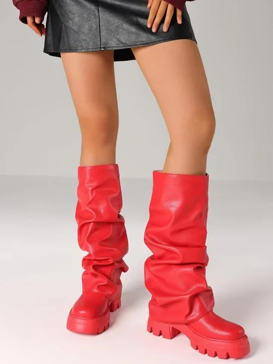 Women's Red Fold Over Boots Slouchy Boots Wide Calf Pleated Platform Boots - Picture 5 of 6